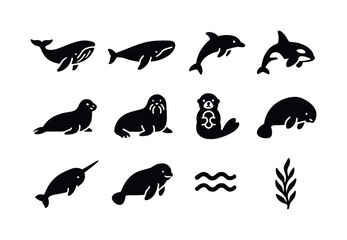 Obraz premium Ocean Mammals Icon Set. Ocean wildlife mammals. Solid icon set of ocean wildlife mammals: humpback whale, blue whale, dolphin, orca, seal, walrus, sea otter,