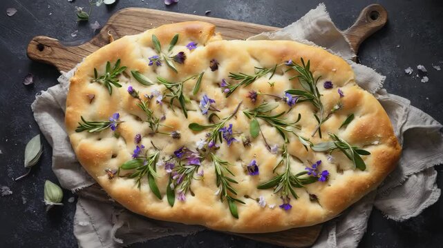 A flat lay of focaccia bread topped with edible flowers and herbs. The bread is golden brown and placed on a wooden board with a cloth underneath.