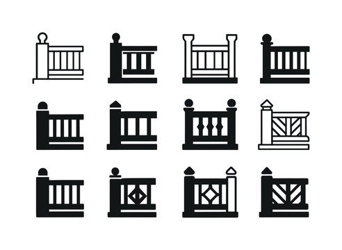 Wooden Deck Icons. A wooden deck. Icon set. Set Logo of a wooden deck: deck railing post icon. harmonious logo variations of the same emblematic concept, each