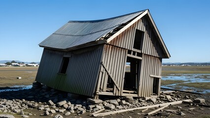 Tilting gray wooden shed with corrugated metal roof in marshy landscape
