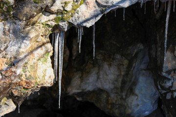 Icicles Dripping from Rocky Cave Entrance in Winter