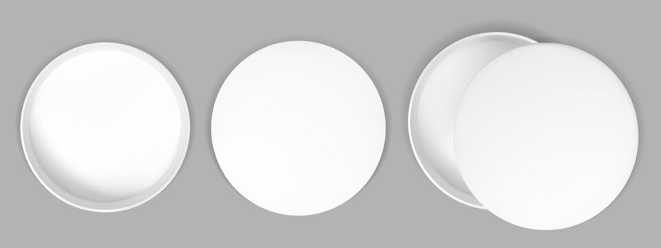 3d circle gift box inside white top view mockup. Blank corporate round package mock up with shadow. Realistic empty cardboard case for secret makeup showcase template design set on background