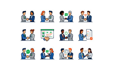 Business team and partnership icon set featuring people shaking hands and collaborating.Print