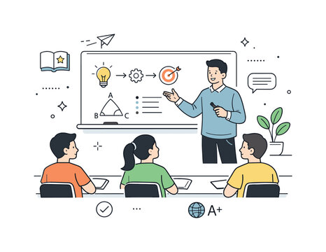 Teacher's Clarifying Diagrams. Education with instructor. Teacher standing near a board explaining concepts to students, using simple diagrams and notes. Calm