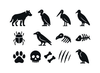 Obraz premium Savanna Scavenger Icons. Savanna Scavengers. Solid icon set of Savanna Scavengers: hyena, vulture, jackal, marabou stork, dung beetle, crow, bones icon,