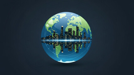 Fototapeta premium Globe with City Skyline Reflection on Dark Blue Background