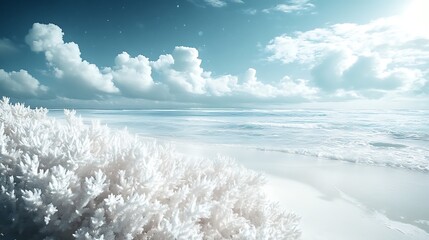 Serene snowy landscape with frosty trees and calm ocean under blue sky