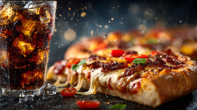 Pizza slice and coke with ice gas station fast food advertisement style food photography