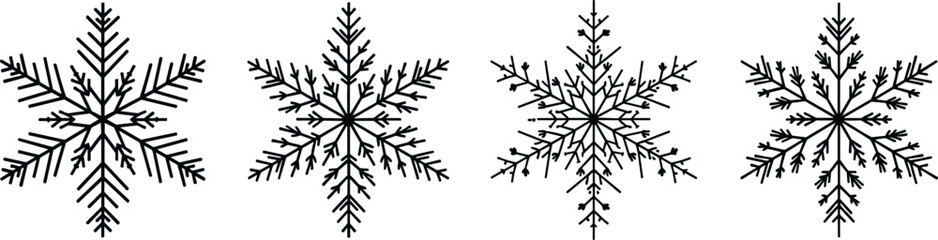 Black snowflake icon set minimal winter ice crystal symbols cold weather decorative design elements isolated on white background flat vector illustration