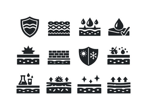 Skin Barrier Icons. Skin barrier function. Solid icon set of skin barrier function: barrier shield, lipid layer pattern, transepidermal water loss arrow, skin