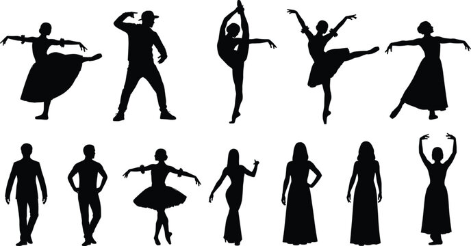 Black dancer silhouette vector set with male and female ballet hip hop poses isolated on white background studio design illustration collection