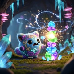 Fototapeta premium A small, colorful creature stands before a stack of glowing crystals in a mystical cave, surrounded by icicles and sparkling lights, 'cool (149).jpg'