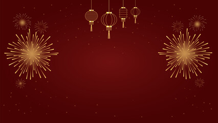 Elegant Red Lunar New Year Background with Gold Accents and Fireworks, Festive Chinese New Year Design with Copy Space for Holiday Celebration