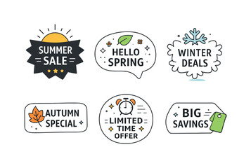 Obraz premium Seasonal Promo Stickers. Seasonal promo stickers. A collection of badge shapes with icons like sun, leaf, or snowflake paired with short sale messages.