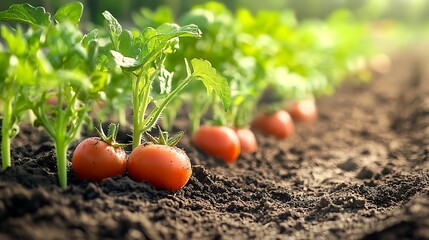 Fresh ripe tomatoes growing in garden soil with green leaves
