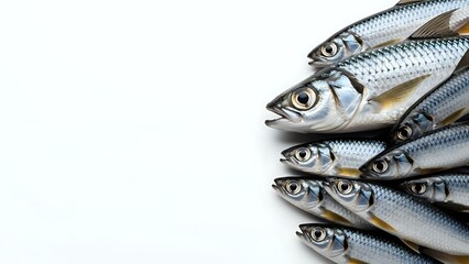 Fresh raw sardines pile on white background isolated for culinary and seafood market use.