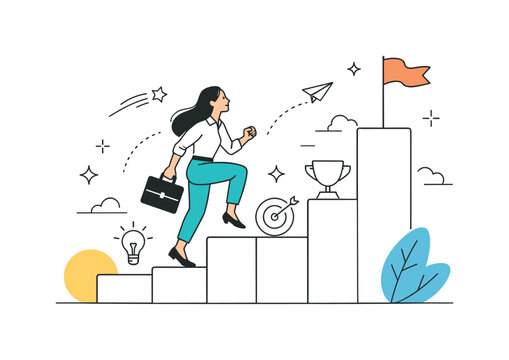 Steps to Success. Career growth and empowerment. Woman climbing symbolic steps or milestones, steady progress and positive mindset. Abstract shapes and gentle