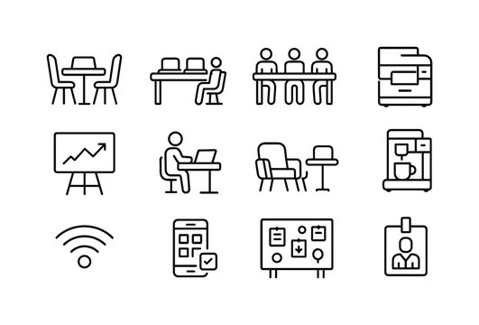 Coworking Icons Set. Coworking spaces. Line icon set of Coworking spaces: shared desk, meeting room, open workspace, printer station, whiteboard, standing