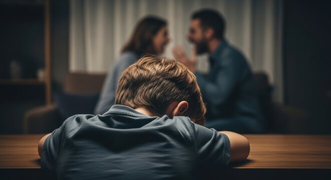 A sad child sits at a table in the foreground, emotional loneliness and vulnerability, parents quarreling in the background out of focus, a tense atmosphere of family conflict
