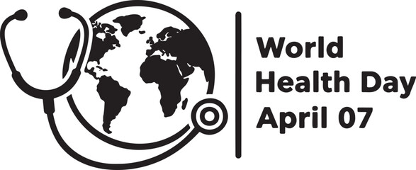 Global healthcare awareness graphic featuring a stethoscope encircling a silhouetted world map symbolizing international health initiatives and world health day on april 7th