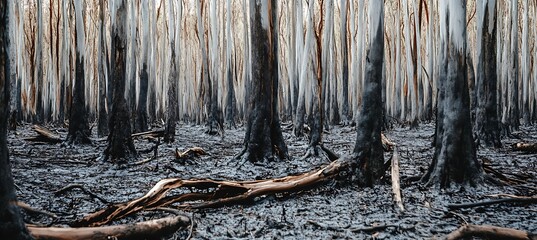 Charred mangrove forest landscape showing destruction and environmental damage after wildfire or natural disaster.