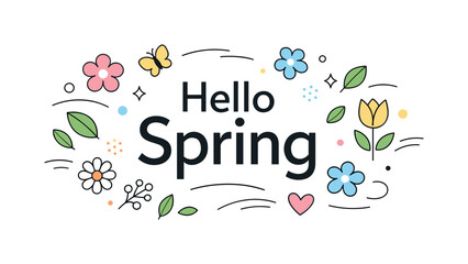 Spring Floral Greeting. Hello spring banner. Decorative flowers, leaves, and abstract shapes gently floating around a central text area. Cheerful and welcoming