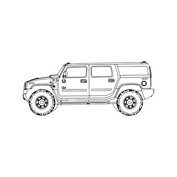 Hummer H2 SUV, a full-size off-road vehicle car outline vector flat illustration on white background