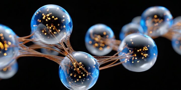 Molecular Network of Scientific Wonder: A captivating molecular network of spherical structures, interlinked with intricate fibers, pulsates with a mysterious glow.