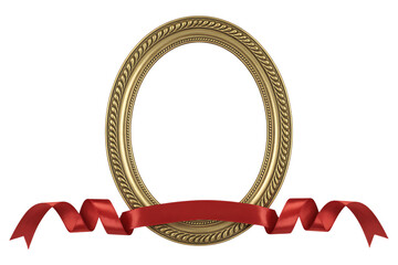 Elegant gold Oval Frame with red Satin Ribbon for Award or Certificate on Transparent Background