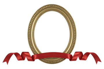 Elegant gold Oval Frame with red Satin Ribbon for Award or Certificate on Transparent Background