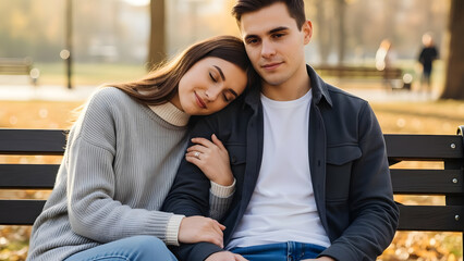 A young couple sitting on a park bench during autumn with the woman leaning on the man's shoulder