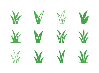 Grass Logos Collection. Grass. Icon set. Set Logo of grass: dew-covered grass blade. harmonious logo variations of the same emblematic concept, each with