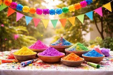 Vibrant Display of Colorful Powders and Festive Decorations for Celebrations in a Bright Outdoor Setting with Flowers and Banners