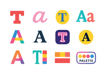 Colorful Typography Icons. Typography + color. Colorful flat vector icons set of typography + color: bold red headline, pastel script font, contrast label