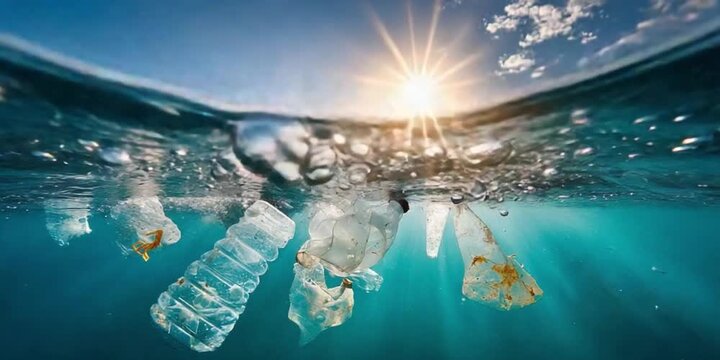 Underwater Plastic Pollution: A stark depiction of environmental damage, with discarded plastic bottles and waste floating beneath the surface of the ocean, illuminated by the sun's harsh glare. 