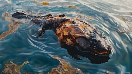 Sea turtle struggling in polluted water filled with oil and debris