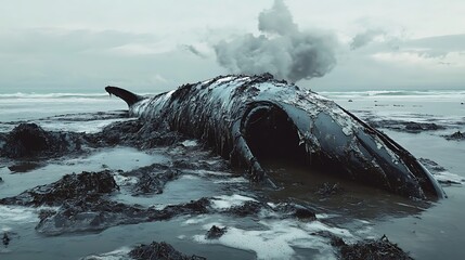 Dead whale washed ashore with oil spill on the beach landscape