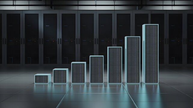 Server rack and illuminated bar chart representing data center power usage growth and energy demand.