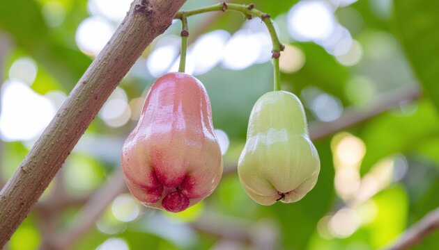 Rose Apples Hanging on Tree Branch in Tropical Garden, close up, soft focus, natural light, botanical study, organic fruit, springtime, beautiful details