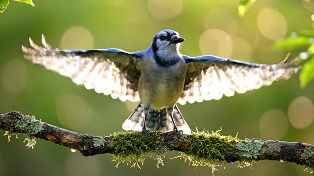 A stunning display of a blue jay with spread wings perched on a mossy branch, with a soft, blurred green background and highlights