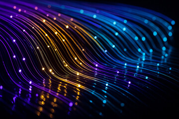 Blue and purple wave bands with scattered glowing particles, creating a deep space, electric river effect.