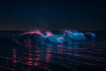 Dark abstract seascape of neon blue and magenta ripples glowing across a black background.