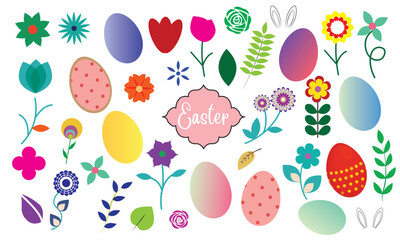 Colorful Easter Eggs and Spring Flowers Vector Collection Isolated on White Background for Holiday Design and Festive Celebration