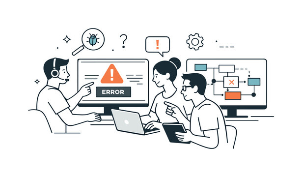 Team Troubleshooting. IT support team troubleshooting. Support specialists reviewing error messages and diagrams on screens, focused problem solving in