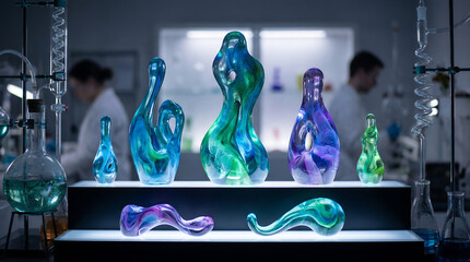 Fluid Biomorphic Glass Sculptures with Organic Forms Displayed in a Modern Gallery