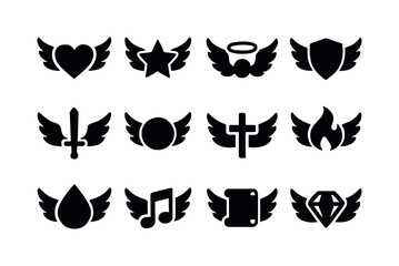 Black Angel Wing Icons. Angel wing symbols. Solid icon set of angel wing symbols: heart with wings, star with wings, halo with wings, shield with wings, sword