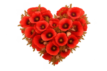 Red poppies creating heart shape on transparent background