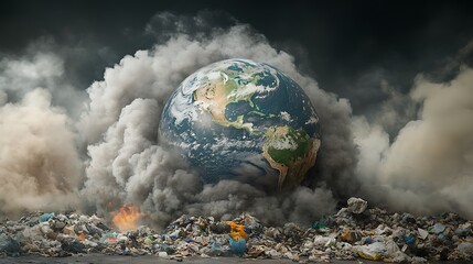 Earth surrounded by massive piles of garbage and toxic smoke emissions