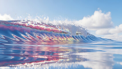 Fototapeta premium Iridescent colorful ocean wave breaking with splashes, surreal holographic water surface 3D render landscape, vibrant wave crashing in the ocean under blue sky
