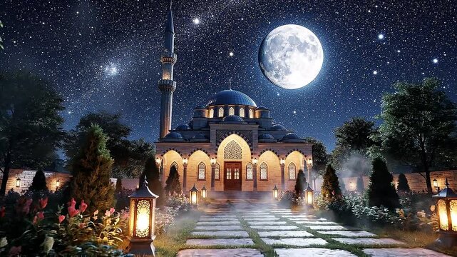 A small peaceful mosque located inside a quiet garden at night. Soft green trees, plants, and flowers surrounding the mosque. Warm lantern lights gently glowing along the pathways and mosque entrance.